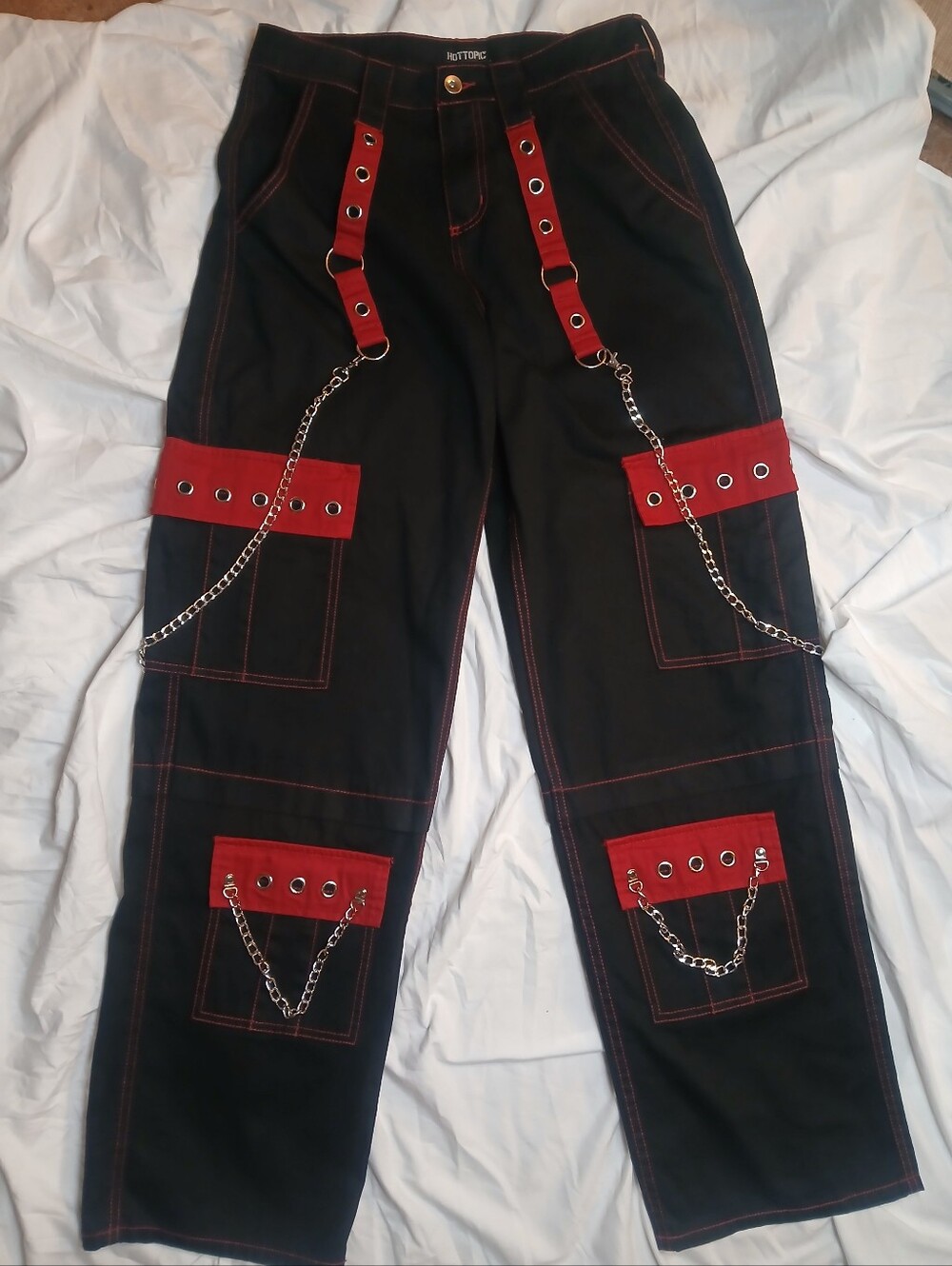 Black And Red Grommet Strap Carpenter Pants Size 5 - Picture 5 of 13